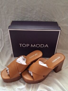 TOP Moda Tan Crossband Platform Mule Sandals